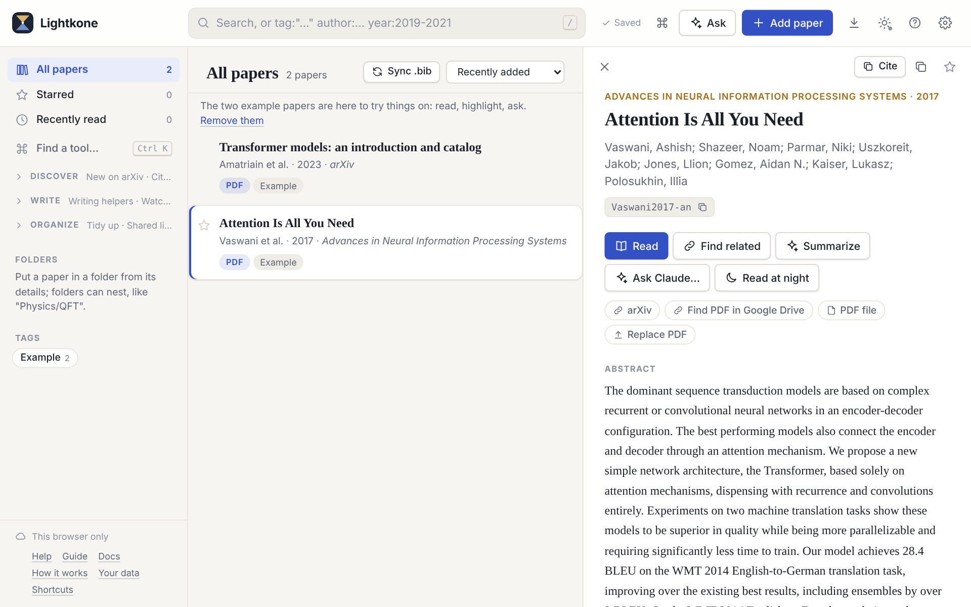The library: a list of papers with the selected paper's details and abstract beside it.