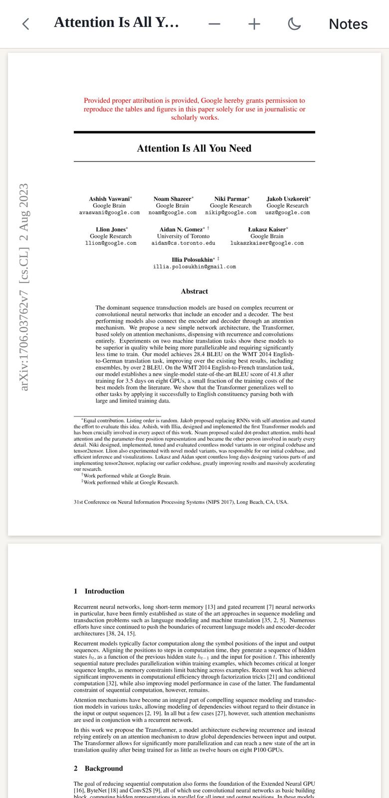The PDF reader on a phone, showing the first page of Attention Is All You Need.